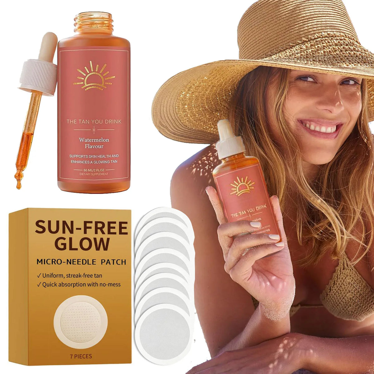 Sunleess Tanning Oral Liquid Sun Free Glow Patches Self Tanning with Beta Carotene Tannning Drops Drinkable for Glowing Skin